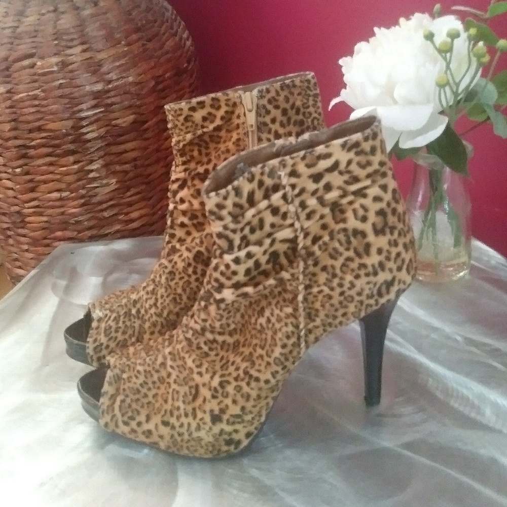 City Streets leopard print peep toe booties